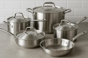 About 3 It's all about using good cookware sets,helpful in kitchen Set of stainless steel cookware.